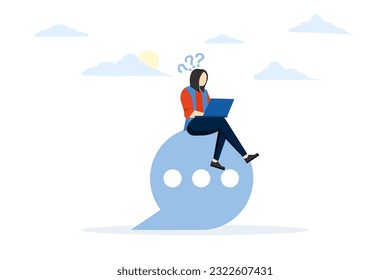 Overthinking. Confused thinking hard, looking for a solution. a businessman sitting on a speech bubble communicating and working with a laptop. flat vector illustration.