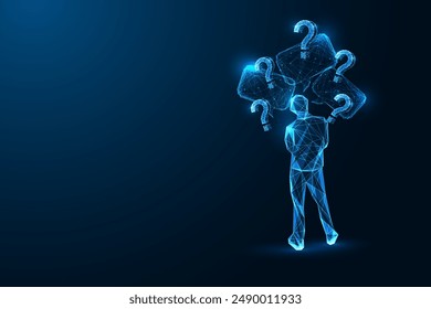 Overthinking, contemplation, mental overload futuristic concept with man silhouette enclosed by speech bubbles and question marks on dark blue background. Glowing polygonal style. Vector illustration