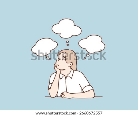 Overthinking Female with Floating Ideas and Questions. Hand drawn style vector design illustrations.