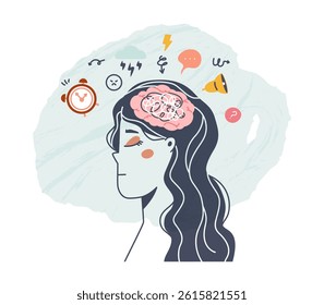 Overthinking girl. Tired female abstract face with confused thoughts. Overworking, sad woman, chaos in mind and negative, vector psychological concept