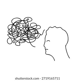 Cabeza con líneas enredadas y pensamientos caóticos alrededor de una silueta humana que expresa ansiedad y sobrecarga mental