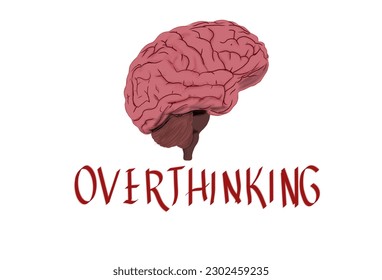 overthinking inscription with human brain image on white background
