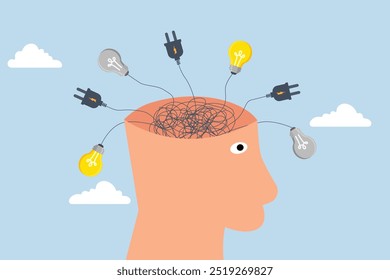 Overthinking, jumbled electrical cord and lightbulb ideas on a human head.