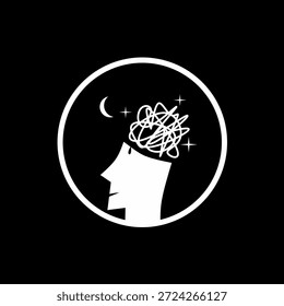 Überlegen minimalistische Vektorgrafik eines menschlichen Kopfes mit verwirrten Gedanken, Mond und Sternen, perfekt für Plakate zur psychischen Gesundheit, Ikone, Aufkleber und Drucke.