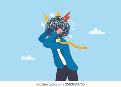 Overthinking, too much worried, stress or anxiety, self doubt, fear or indecision, obsession thoughts, mental exhaustion or negative emotional, overload concept, businessman overthinking mess head.