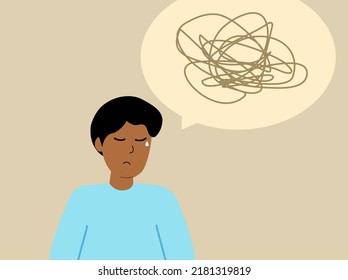 Overthinking person with big cloud of negative thoughts in background. Emotional and physical burnout and mess. Tired man. Mental health problem. Vector illustration concept