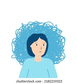 Una persona que piensa demasiado con una gran nube de pensamientos negativos en el fondo. El agotamiento emocional y físico y el desorden. Mujer cansada. Problema de salud mental. Concepto de ilustración de vector