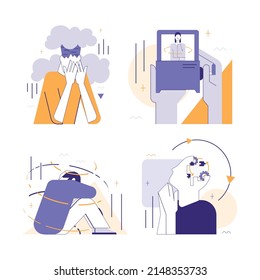 Overthinking Set. Anxiety And Stress Caused By Thinking Too Much. Trouble In Decision Making, Confusing Thoughts. Hyperfixation, Movement In A Circle. Flat Vector Illustration