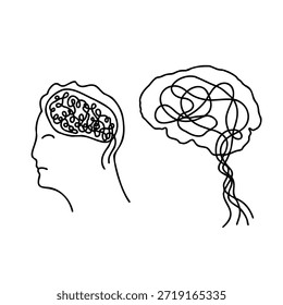 Conceito de estresse super pensante com pensamentos caóticos, linhas emaranhadas e ilustração de rabiscar da mente ansiosa