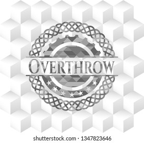 Overthrow retro style grey emblem with geometric cube white background