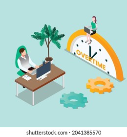 Overtime 3d isometric vector illustration concept for banner, website, landing page, ads, flyer