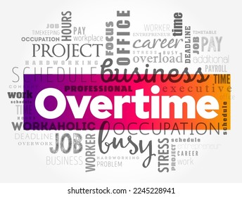Overtime - amount of time someone works beyond normal working hours, word cloud concept background
