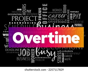 Overtime - amount of time someone works beyond normal working hours, word cloud concept background