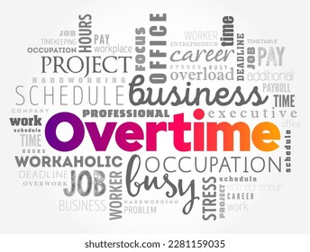 Overtime - amount of time someone works beyond normal working hours, word cloud concept background