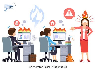 Overtime by strict supervisors. Employees are persecuted to work hard. Scary office concept. Quick orders to complete the work on schedule.