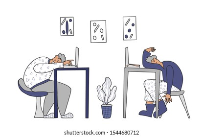 Overtime concept. Tired men sitting at the table and sleeping. Exhausted freelancers  at  laptops. Vector illustration.