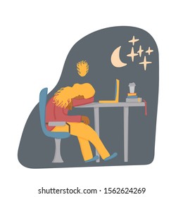 Overtime concept. Tired woman sitting at the table and sleeping. Exhausted freelancer. Vector flat illustration.