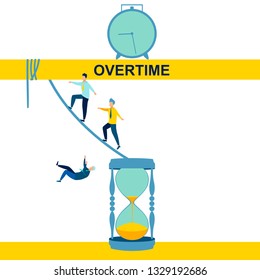 Overtime, disambiguation. Abstract concept, businessmen moving from an hourglass. In minimalist style. Cartoon flat Vector Illustration