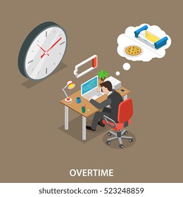 Overtime isometric flat vector illustration. Man is sitting at the table, working overtime, exhausted, dreaming about a meal and a bed.