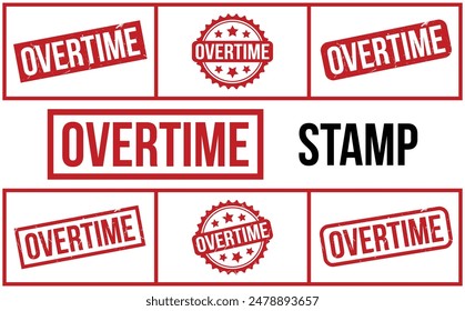 Overtime Stamp. Red Overtime Rubber grunge Stamp set