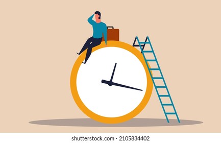 Overtime time hours work and employee hard night work online world. Character working and busy vector illustration concept. Deadline man and business management timer watch. Success career people 