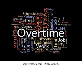 Plantilla de wordcloud de horas extra. Concepto de negocio de fondo de Vector.