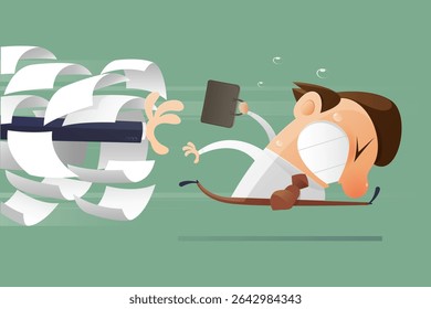 Overtime work. Cartoon illustration shows an exhausted employee dashing away from a pile of paperwork chasing him after hours with no overtime pay in sign. overtime