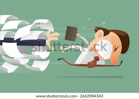 Overtime work. Cartoon illustration shows an exhausted employee dashing away from a pile of paperwork chasing him after hours with no overtime pay in sign. overtime