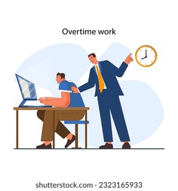 Trabajo de horas extra. Empleado trabajando tarde en la computadora. Administrador apuntando en un reloj. Serio problema corporativo. La causa del agotamiento del trabajo. Ilustración vectorial plana