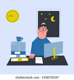 Overtime work. An office worker in a blue shirt and glasses spends extra hours in the office. Stress at work. - Vector