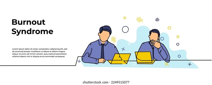 Overtime Work Web Banner. Vector illustration of a sleepy and active working man in front of a laptop. Modern flat in continuous line style.