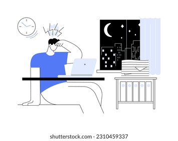 Overtime working abstract concept vector illustration. Tired man works at night, overtime working problem, business etiquette, corporate culture, company rule, stressed employee abstract metaphor.