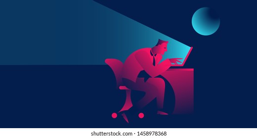 overtime or working late night, deadline. businessman exosted sitting with notebook. business concept in red and blue neon gradients