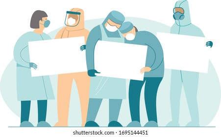 OvertiredDoctor team Hospital medical staff holding empty boards with copy space  in hands. Flat vector Concept for coronavirus COVID-19 disease outbreak