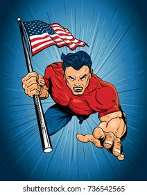 Overtly Patriotic American Male Leaping Forward in the Style of a Comic Book Hero. Murica!