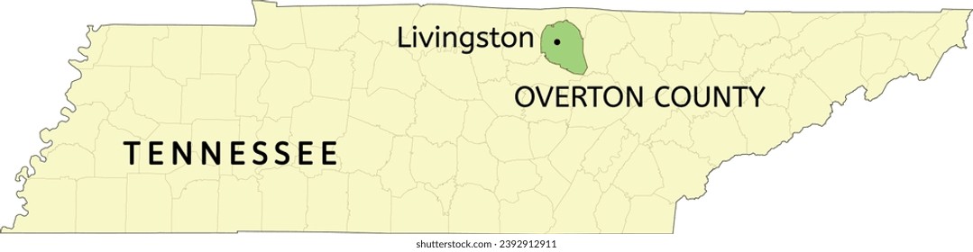 Overton County and town of Livingston City location on Tennessee state map