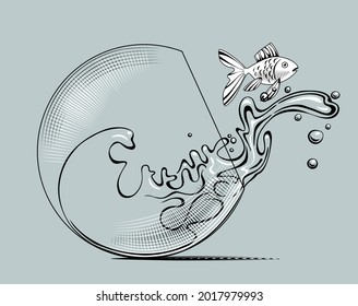 Overturned aquarium with splashed water and goldfish. Vintage engraving linear stylized drawing. Vector illustration