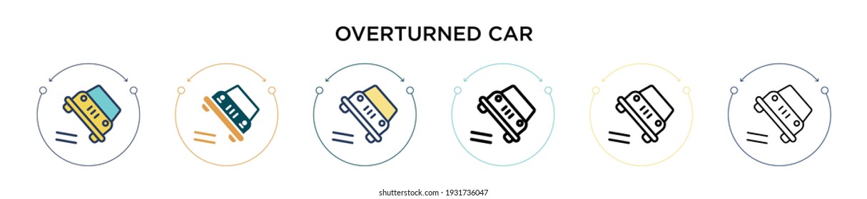 Overturned car icon in filled, thin line, outline and stroke style. Vector illustration of two colored and black overturned car vector icons designs can be used for mobile, ui, web