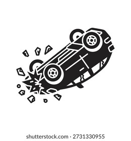 Overturned car icon vector illustration showing vehicle rolled over crash accident rollover disaster total loss damage concept isolated white background design element symbol