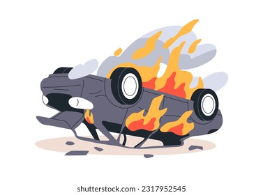 Overturned car on fire. Damaged auto burning after accident or collision. Emergency situation with transport vehicle in flame. Automobile crash. Flat vector illustration isolated on white background