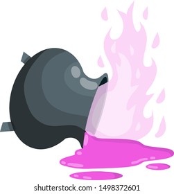 Overturned cauldron of magic potion and fire. Pink elixir of witches. Smoke and steam. Halloween decoration element. spilled liquid and pot. Cartoon flat illustration