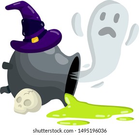 Overturned cauldron of magic potion. Green elixir of witches. Sorcerer's hat. Dead scary Ghost. Element of Halloween. Funny phantom. Pot and skull. Cartoon flat illustration