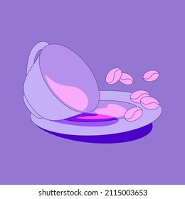 Overturned cup with coffee grounds and coffee beans for divination. Vector illustration in cartoon style
