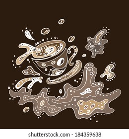 Overturned cup of coffee. Hand Drawn vector pattern.
