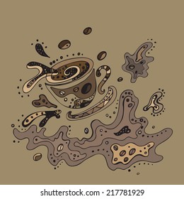 Overturned cup of coffee. Hand Drawn vector pattern.