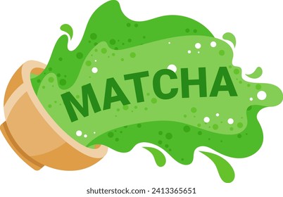 Overturned cup spilling green matcha tea splash. Healthy organic matcha powder spill vector illustration.