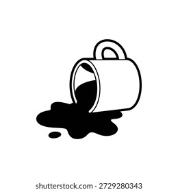 Taza volcada con líquido oscuro que se derrama sobre fondo blanco