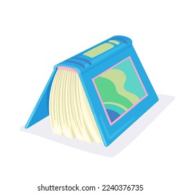 Overturned open book stands on the cover. In cartoon style. Isolated on white background. Vector illustration