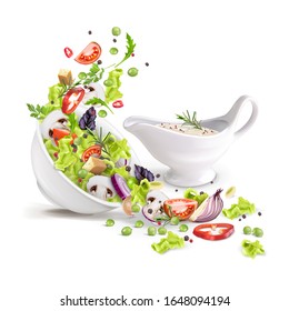 Overturned Plate With Fresh Vegetable Salad And Gravy Boat With Sauce. Vector 3d Realistic Illustration Isolated On White Background.