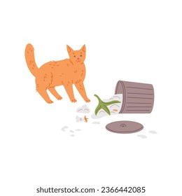 Overturned trash can, scattered garbage. Pet mess and clutter. Flat vector naughty ginger cat bad behavior illustration. Unacceptable inappropriate feline animal quirk isolated on white background svg